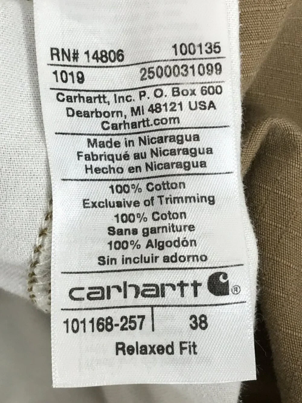 Carhartt Force Tappen Cargo Short Men's Size 38 Tan Relaxed Fit Cotton Workwear
